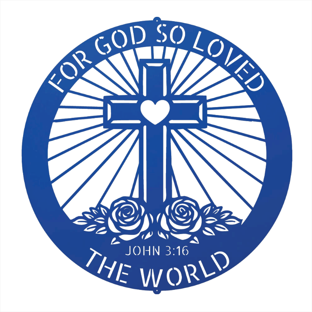 A circular blue and white graphic design featuring a central cross with a white heart at its center, radiating lines, two roses at the bottom, and the text 'FOR GOD SO LOVED' at the top and 'JOHN 3:16' and 'THE WORLD' at the bottom.