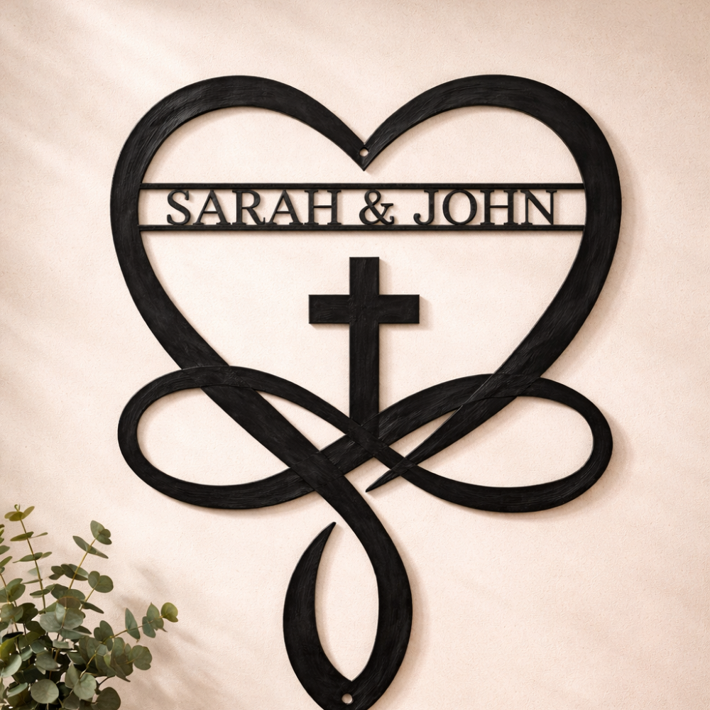Personalized Christian heart and cross metal wall art with custom names