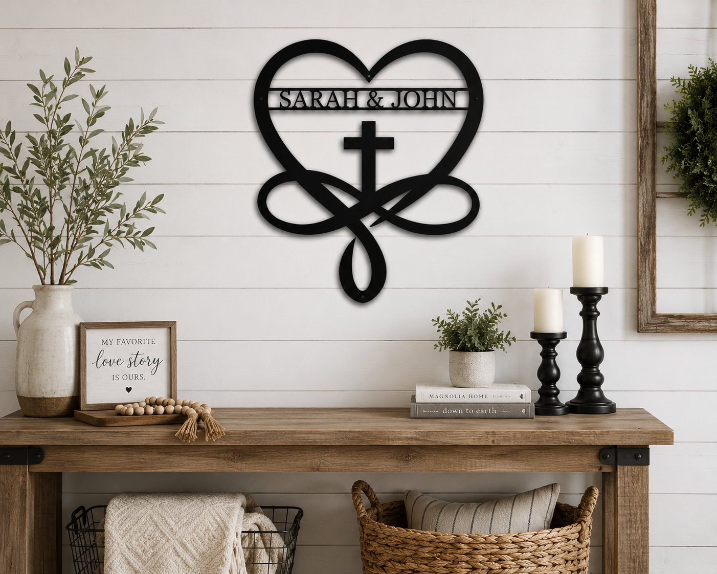 Christian heart and cross metal wall art displayed in a living room