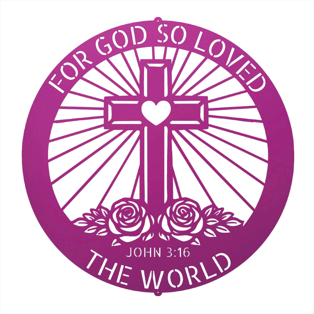 A circular purple metal wall art piece featuring a Christian cross with a heart at the center, radiating sunburst lines, two roses at the bottom, and the text 'FOR GOD SO LOVED THE WORLD' and 'JOHN 3:16' on a white background.