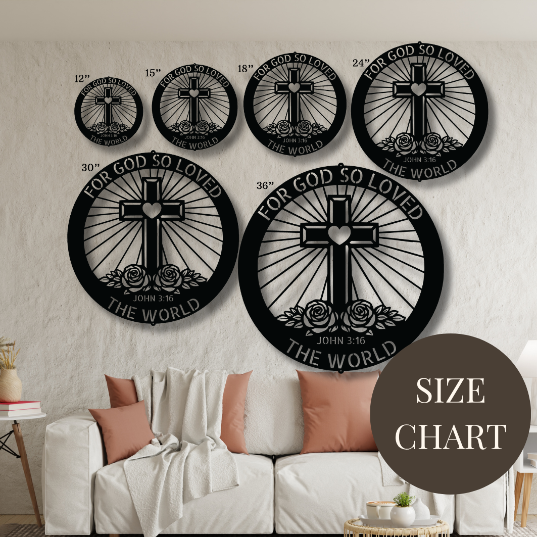 Six circular wall art pieces with black crosses and the text 'FOR GOD SO LOVED THE WORLD JOHN 3:16' displayed above a white sofa in a living room. White text in the upper corners indicates sizes ranging from 12 inches to 36 inches, and a brown circle in the lower right says 'SIZE CHART'.